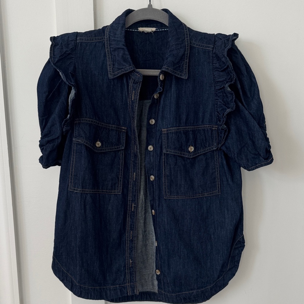 Anthropologie The Ozzi Ruffle-Sleeve Buttondown Shirt by Pilcro Size S - Picture 2 of 11